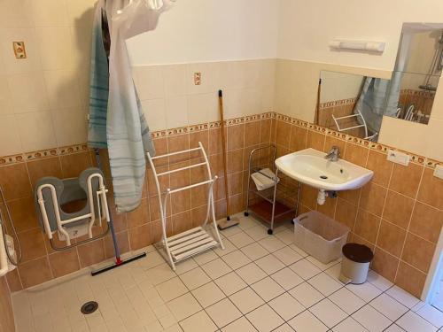 ein Bad mit einem Waschbecken und einem Spiegel in der Unterkunft Gîte Durandal accès PMR - La Grange de Rocamadour in Rocamadour