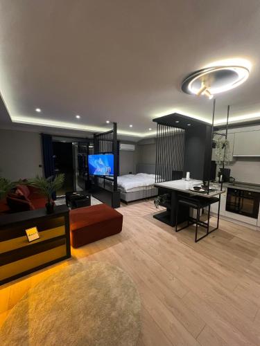 Sala de estar con cama y TV en Prive Living Suite, en Estambul