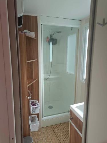 une salle de bain avec une douche avec une porte vitrée dans l'établissement MOBIL HOME LMNP GUIGON, à La Roque-dʼAnthéron
