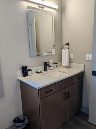 a bathroom with a sink and a mirror at Modern Downtown Condo in Traverse City