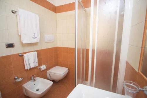 uma casa de banho com um chuveiro, um WC e um lavatório. em Hotel Jolly em Modugno