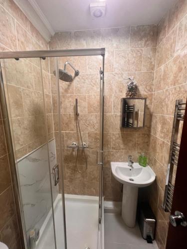 a bathroom with a shower and a sink at Stratford London Apartment in London