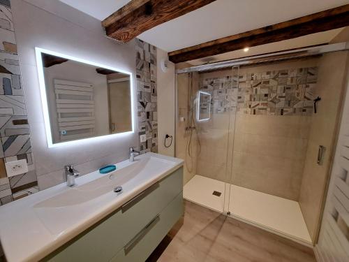 La salle de bains est pourvue d'un lavabo et d'une douche. dans l'établissement Grand gîte dans maison alsacienne historique, à Gueberschwihr