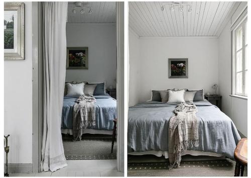 due immagini di una camera da letto con un letto e una finestra di Lillebo - Centralt mysigt hus i Nora a Nora