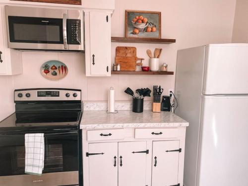 una cucina con piano cottura e frigorifero di Hub Cottage a Hattiesburg