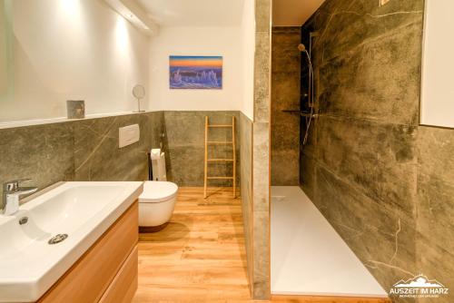 a bathroom with a sink and a toilet at Auszeit-im-Harz Haus 5 Wohnung 23 in Stiege