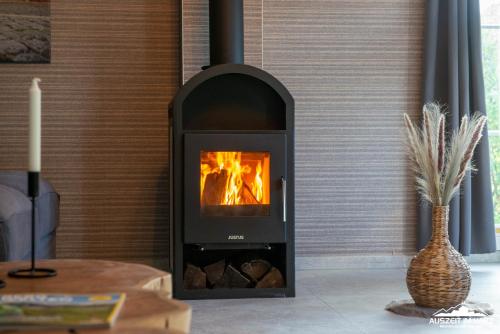a fireplace with a fire in it in a room at Auszeit-im-Harz Haus 6 Ferienhaus in Wernigerode