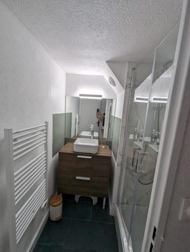 une salle de bain avec un lavabo et un miroir dans l'établissement Cap d'Agde - Secteur Richelieu 10 couchages, au Cap d'Agde