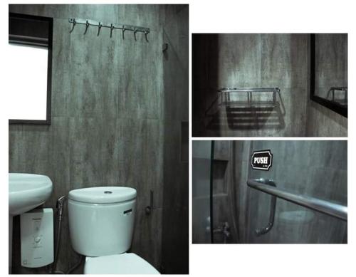 2 fotografias de uma casa de banho com um WC e um chuveiro em MGG CASA DELA PLAYA em Boracay