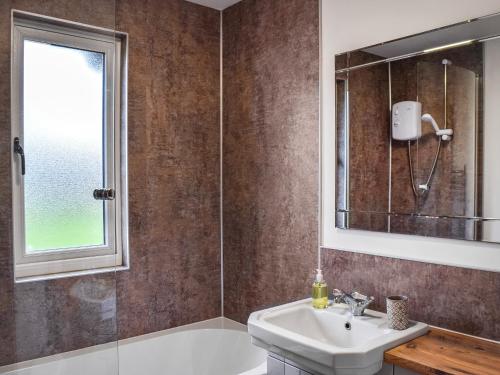 a bathroom with a sink and a mirror at Willow Wood Cottage 