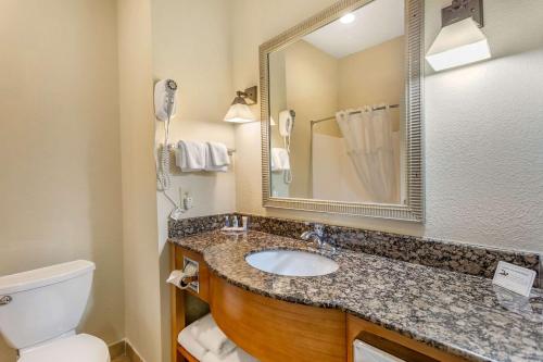 a bathroom with a sink and a toilet and a mirror at Comfort Suites South Point - Huntington in Burlington