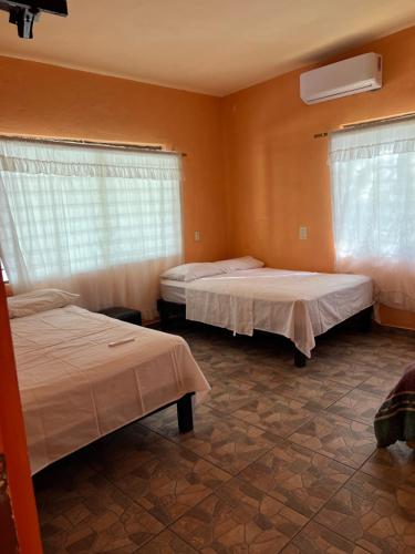 two beds in a room with orange walls and windows at Quinta don juanito in Monterrey