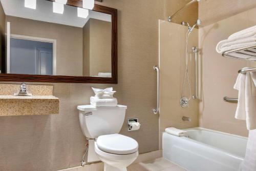 a bathroom with a toilet and a sink and a mirror at Comfort Inn & Suites Danbury-Bethel in Danbury