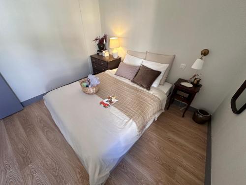 Un dormitorio con una cama con una cesta. en Pézenas Centre - Charme village - Plage 15 mn en Pézenas
