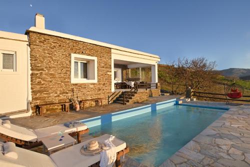 a villa with a swimming pool in front of a house at the nest in Andros