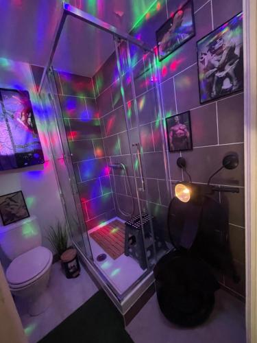 La salle de bains est pourvue d'une douche, de toilettes et de lumières. dans l'établissement tout pour VOTRE confort, au Lavandou