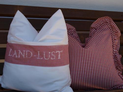 a tote bag with a red and white checkered at Alpenferienwohnung Strickner in Neustift im Stubaital