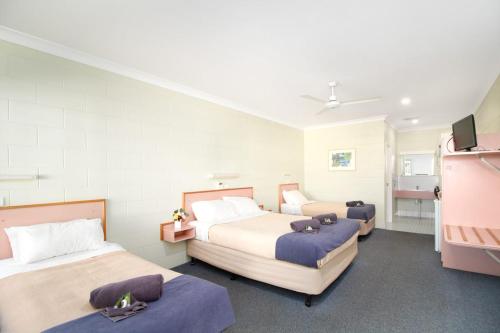 Habitación de hotel con 2 camas y TV de pantalla plana. en Yungaburra Park Motel, en Yungaburra