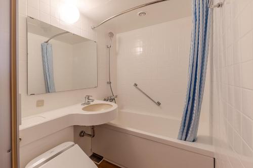 a bathroom with a sink and a toilet and a mirror at Court Hotel Asahikawa in Asahikawa