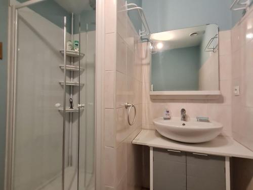 a bathroom with a sink and a shower with a mirror at Gîte Choloy-Ménillot, 2 pièces, 2 personnes - FR-1-584-119 in Choloy