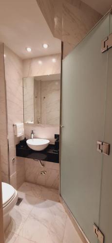 a bathroom with a sink and a toilet and a mirror at Baireshistorico in Buenos Aires