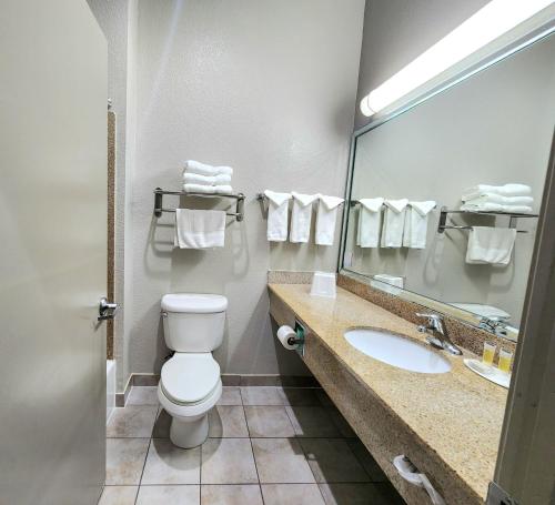 a bathroom with a toilet and a sink and a mirror at Days Inn by Wyndham Kemah in Kemah