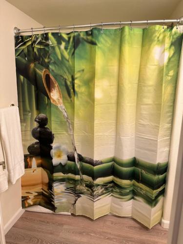 a shower curtain with a tennis racket at Cozy Cottage House A with Carport in Twin Falls