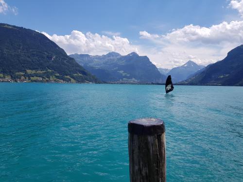 a sailboat in the middle of a lake with mountains at Two-bedroom Apartment for 4-5 guests with lake and mountain views in Emmetten