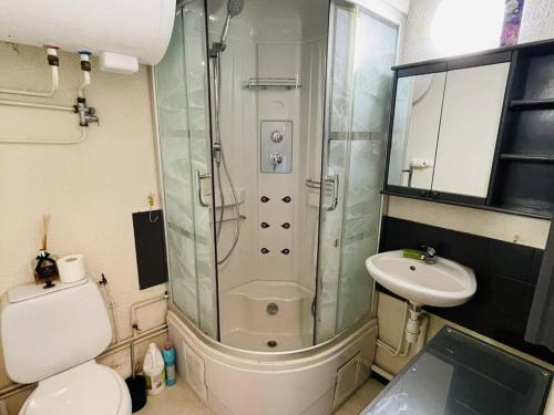une salle de bain avec une douche, des toilettes et un lavabo dans l'établissement Studio avec Mezzanine, Terrasse et Parking à 5 min de la Plage - FR-1-723-129, au Cap d'Agde
