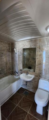 Mud Beach Hotel في بوريونغ: حمام مع مرحاض ومغسلة وحوض استحمام