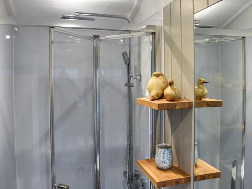 une cabine de douche avec trois canards en caoutchouc sur les étagères dans l'établissement Greengill Farm Shepherds Hut- Ukc3632, à Gilcrux