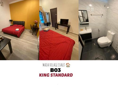 two pictures of a room with a bed and a bathroom at Maifa Village Chalet in Kuala Terengganu