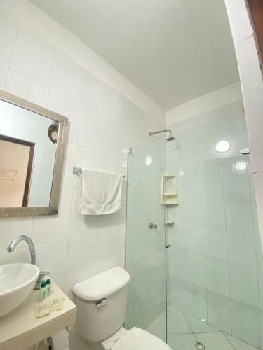 a bathroom with a shower and a toilet and a sink at Patio de Getsemani in Cartagena de Indias