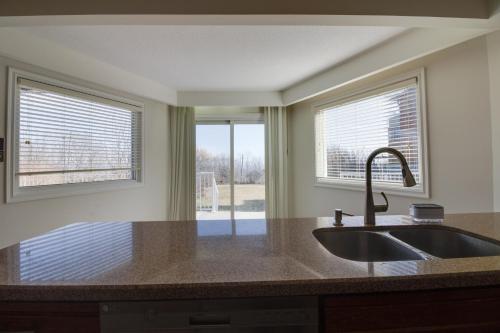 a kitchen with a sink and two windows at Lake View House, 30 minutes to Downtown Toronto in Toronto