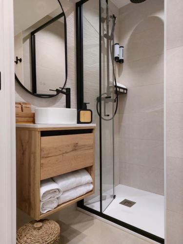 een badkamer met een douche, een wastafel en een spiegel bij Pensión Cabezas Oviedo in Oviedo
