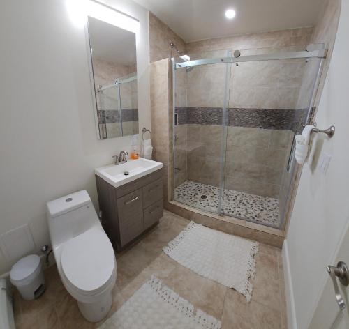 a bathroom with a shower and a toilet and a sink at 1-Bedroom Apt-9W1 20-Minuite To Downtown Boston in Boston
