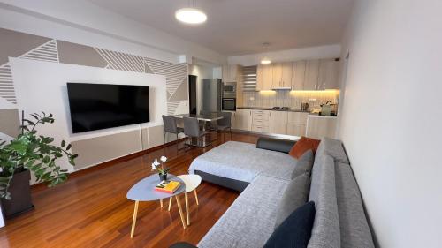 a living room with a couch and a tv at Two bedroom luxury apartment. in Athens