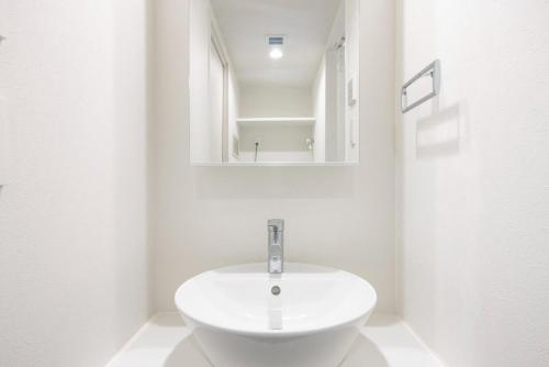 a white bathroom with a sink and a mirror at LEGA LAND Hatagaya in Tokyo