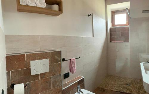 a bathroom with a shower and a sink and a toilet at Agriturismo Tamellini in Soave