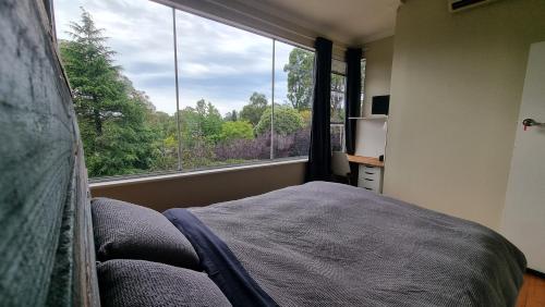 a bedroom with a bed and a large window at Architects Summer House, Mt Lofty Gardens in Crafers