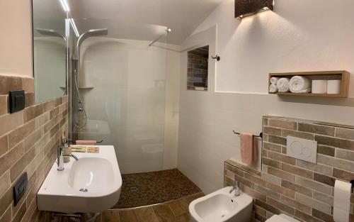 a bathroom with a sink and a shower and a toilet at Agriturismo Tamellini in Soave