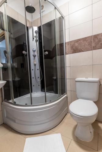 a bathroom with a shower and a toilet at Hotel Ukiel Wellness & SPA in Olsztyn