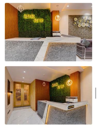two pictures of a room with a green wall at Hotel Elite in Darbhanga