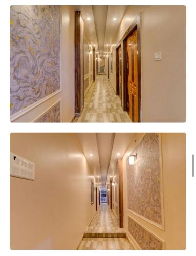 two pictures of a hallway in a building at Hotel Elite in Darbhanga