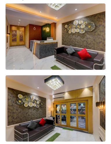 two pictures of a living room with couches at Hotel Elite in Darbhanga