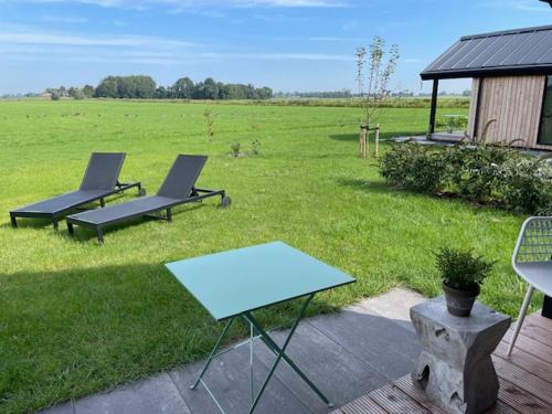 a patio with two chairs and a table in a field at Gastenverblijf De Natureluur in Noorden