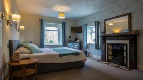 a bedroom with a large bed and a fireplace at Wyevalleycateringminers gl16 in Coleford