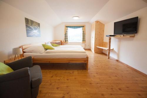 a living room with two beds and a television at Beim Einfalt B&B in Grossgerungs