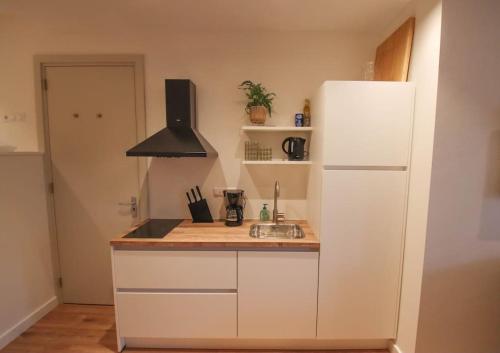 uma cozinha com um frigorífico branco e um lavatório em Volendam Lakeside Retreat - 20 min from Amsterdam em Volendam