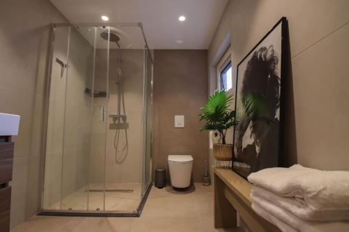 La salle de bains est pourvue d'une douche en verre et de toilettes. dans l'établissement Volendam Lakeside Retreat - 20 min from Amsterdam, à Volendam